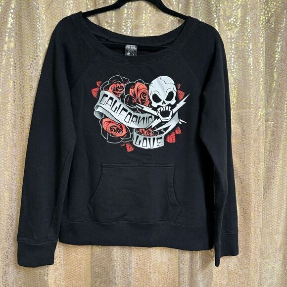 VTG Fatal Black Skull Rose Emo Goth Y2K 2000s Cali Love Pullover Sweater Large - Picture 1 of 6